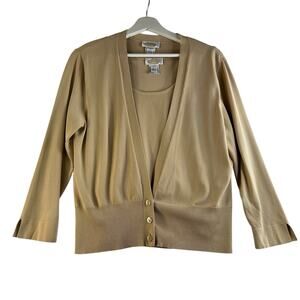 Vtg Y2K Talbots L Cami Sweater Twin Set Button Cardigan Cottagecore Knit Beige